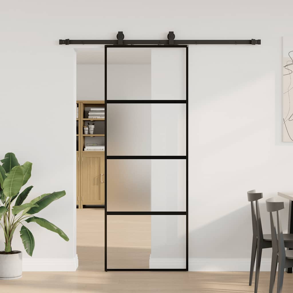 Sliding Door with Hardware Set Black 76x205 cm Tempered Glass