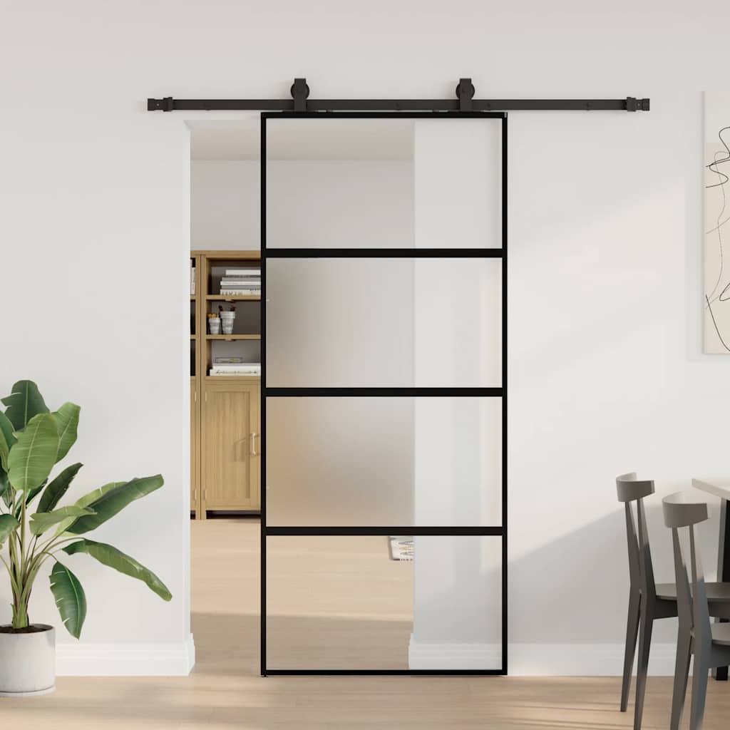 Sliding Door with Hardware Set Black 90x205 cm Tempered Glass