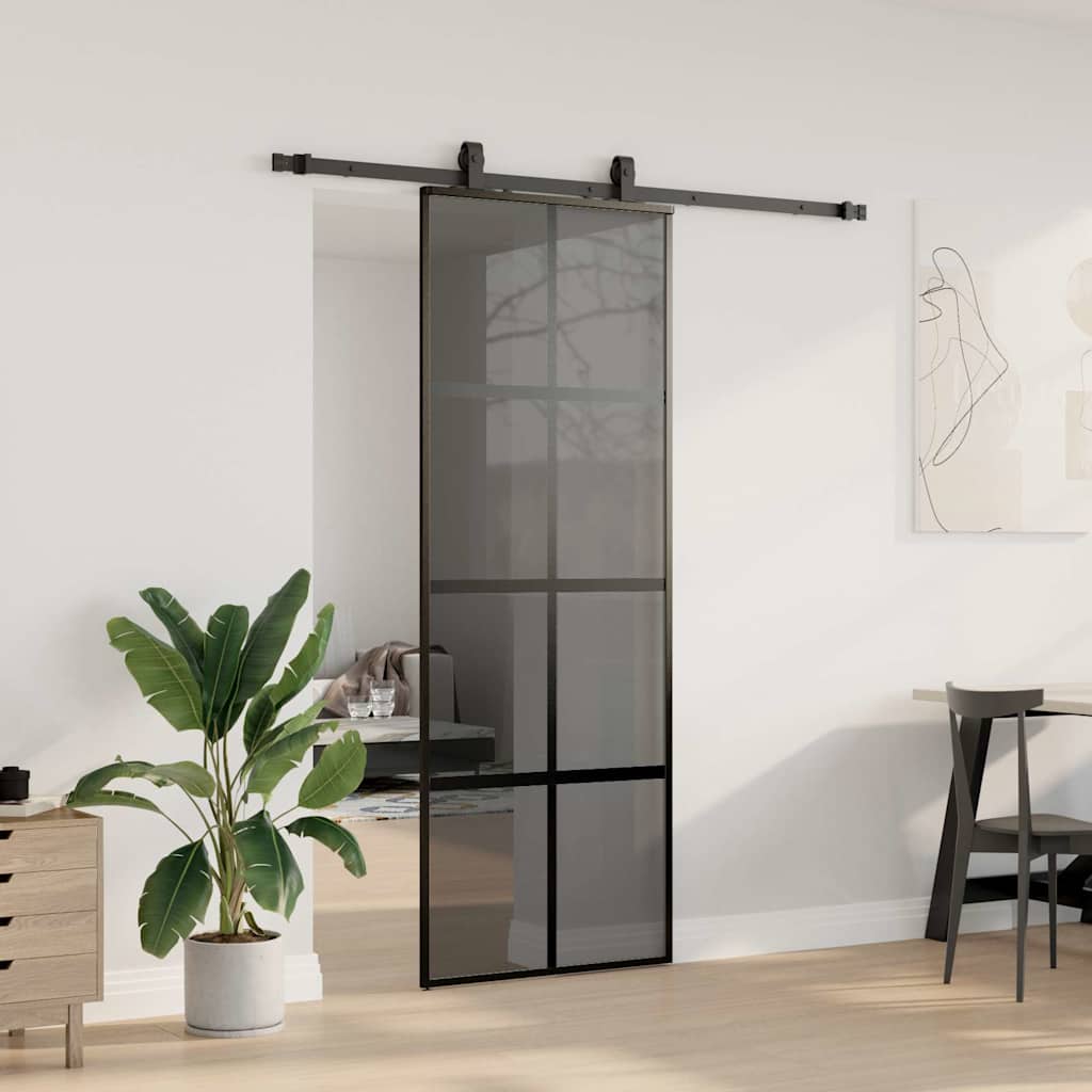 Sliding Door with Hardware Set Black 76x205 cm Tempered Glass