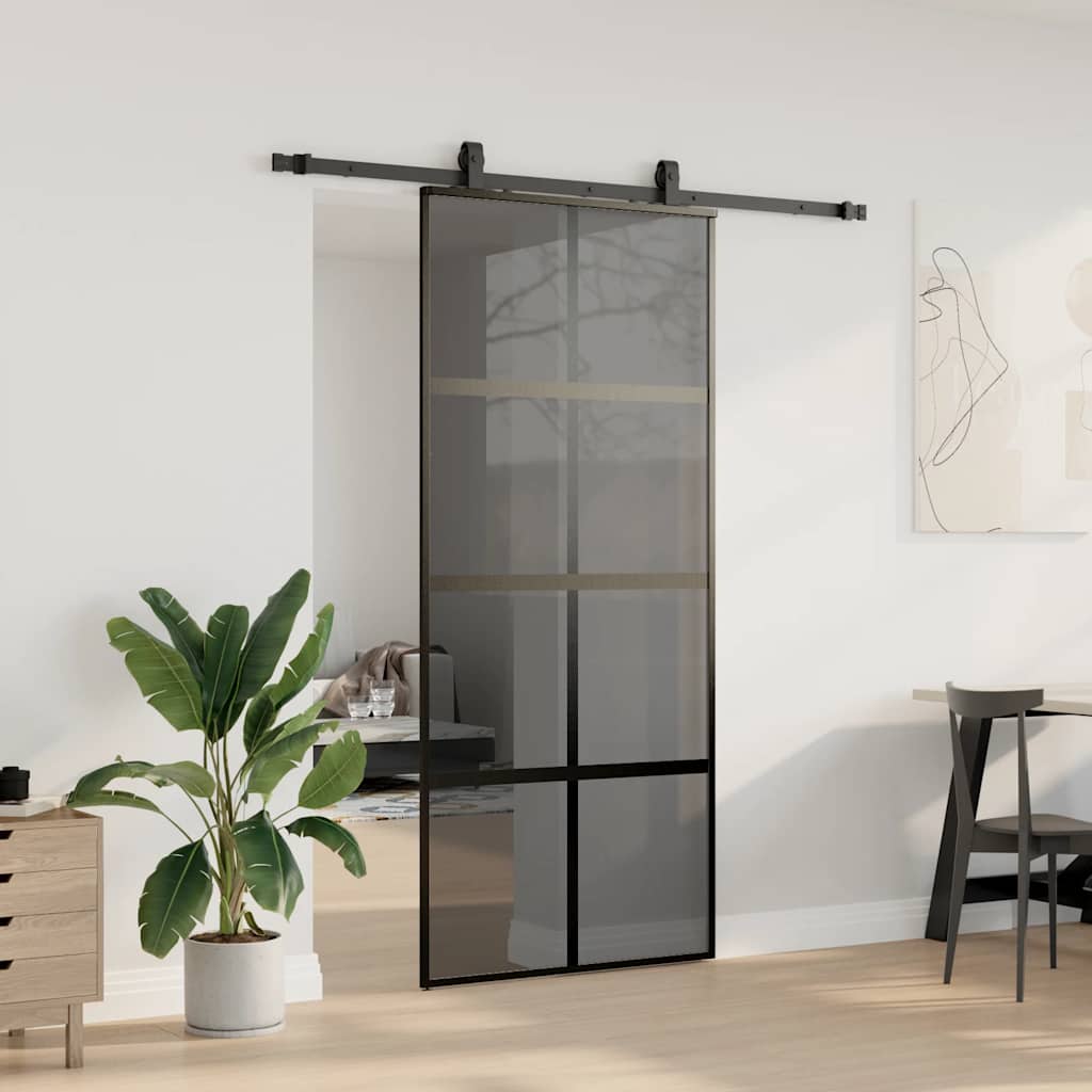 Sliding Door with Hardware Set Black 90x205 cm Tempered Glass