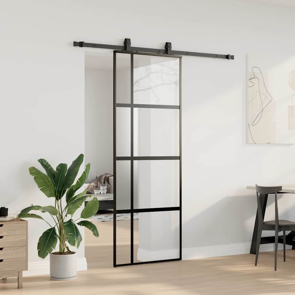 Sliding Door with Hardware Set Black 76x205 cm Tempered Glass