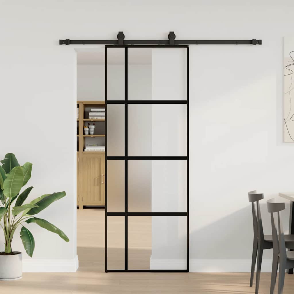 Sliding Door with Hardware Set Black 76x205 cm Tempered Glass