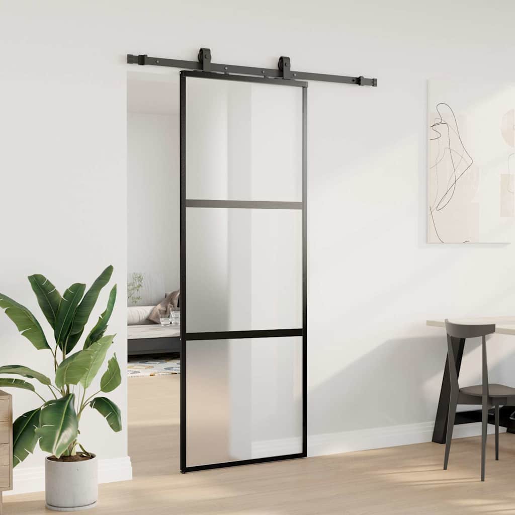 Sliding Door with Hardware Set Black 76x205 cm Tempered Glass