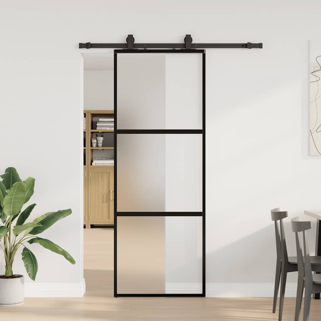 Sliding Door with Hardware Set Black 76x205 cm Tempered Glass