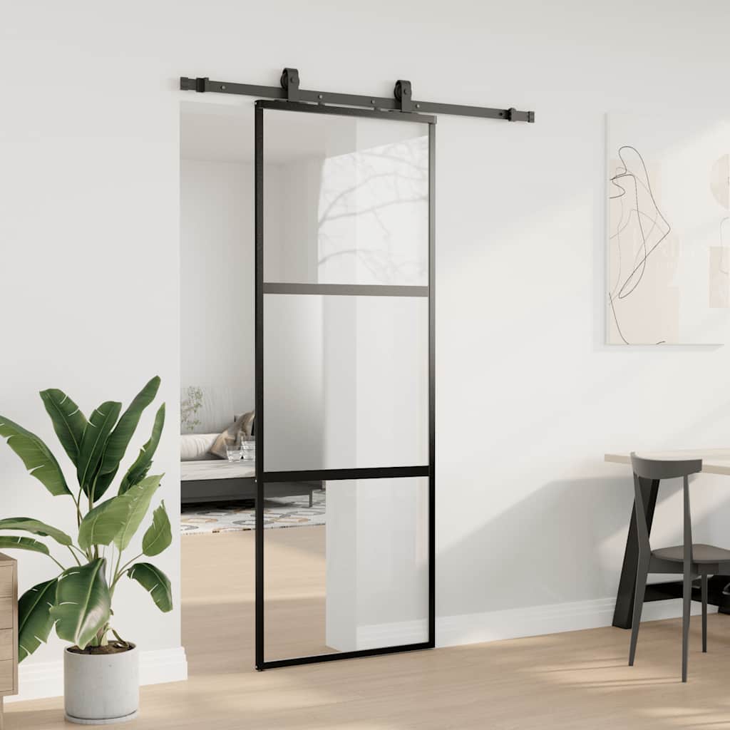 Sliding Door with Hardware Set Black 76x205 cm Tempered Glass
