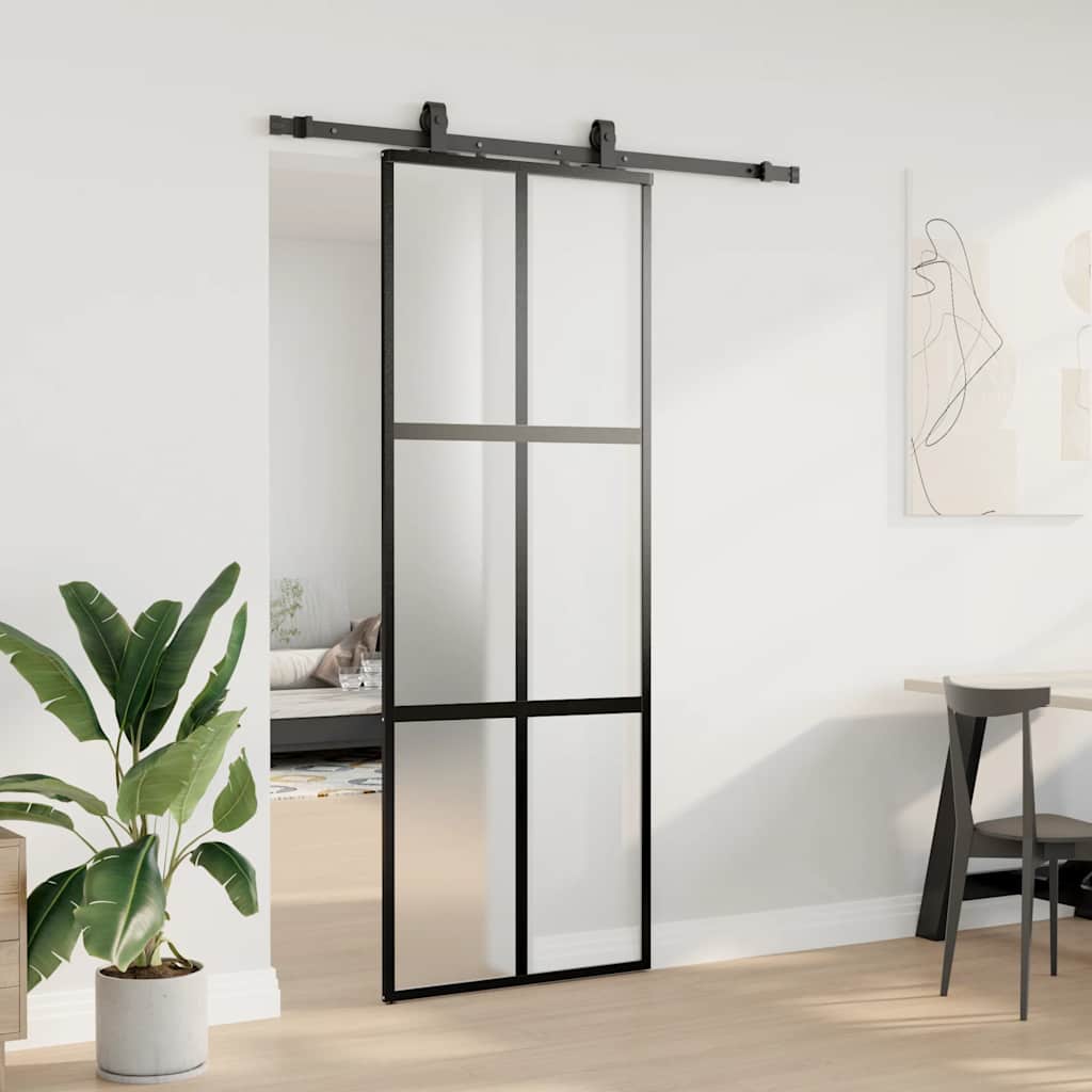 Sliding Door with Hardware Set Black 76x205 cm Tempered Glass