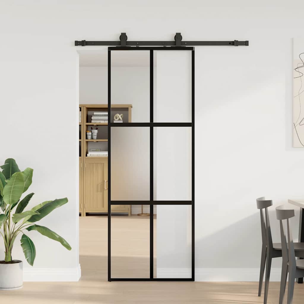 Sliding Door with Hardware Set Black 76x205 cm Tempered Glass