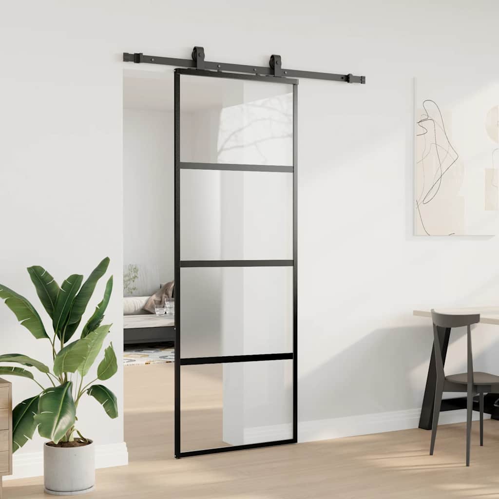Sliding Door with Hardware Set Black 76x205 cm Tempered Glass