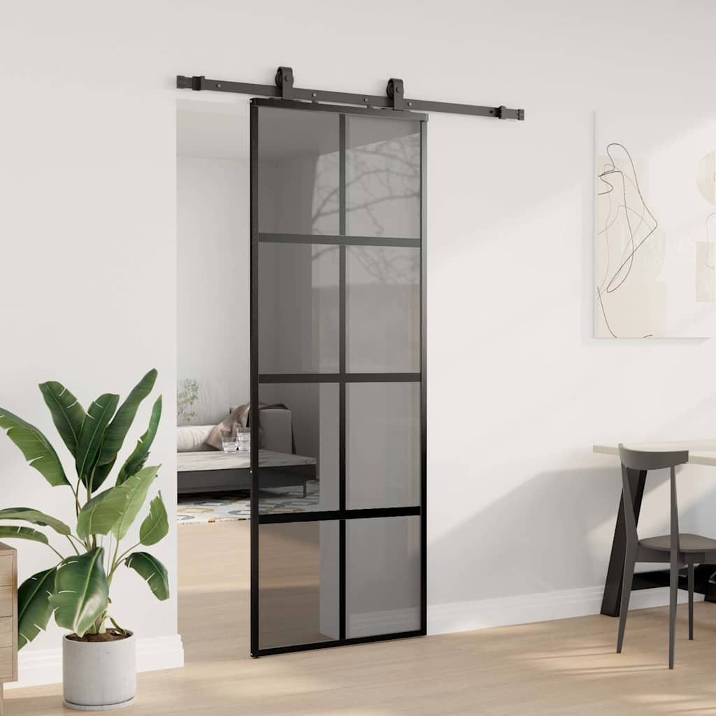 Sliding Door with Hardware Set Black 76x205 cm Tempered Glass