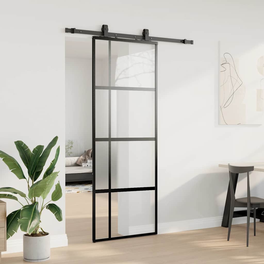 Sliding Door with Hardware Set Black 76x205 cm Tempered Glass