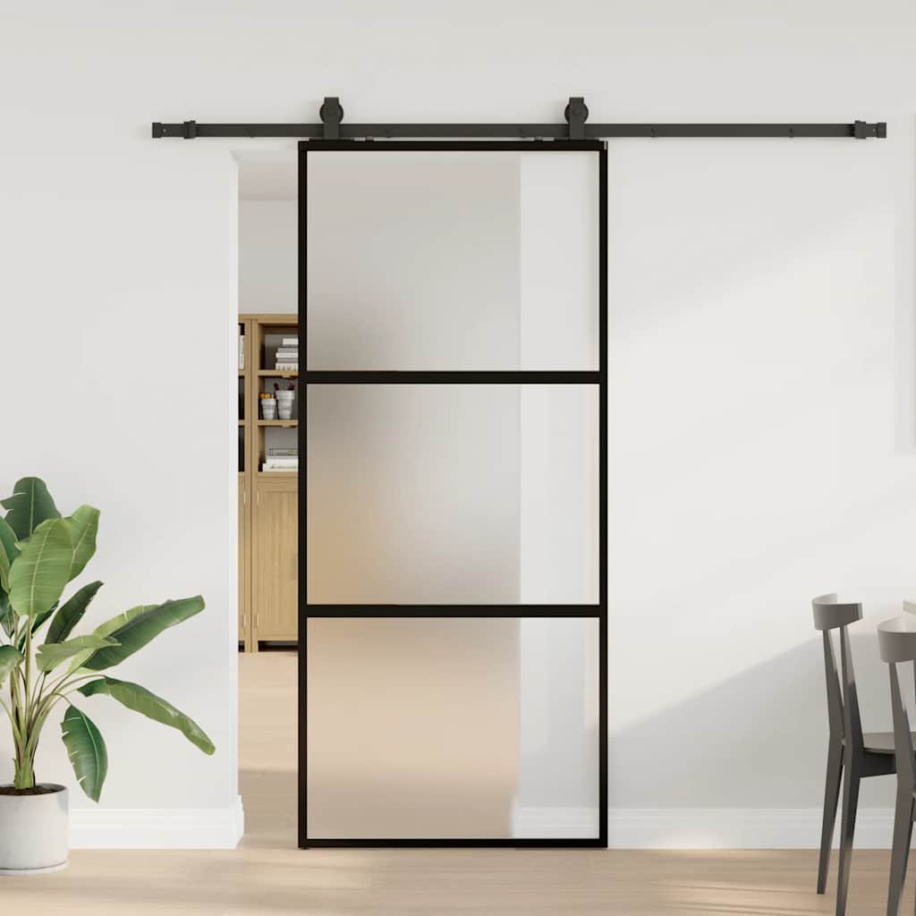 Sliding Door with Hardware Set Black 90x205 cm Tempered Glass