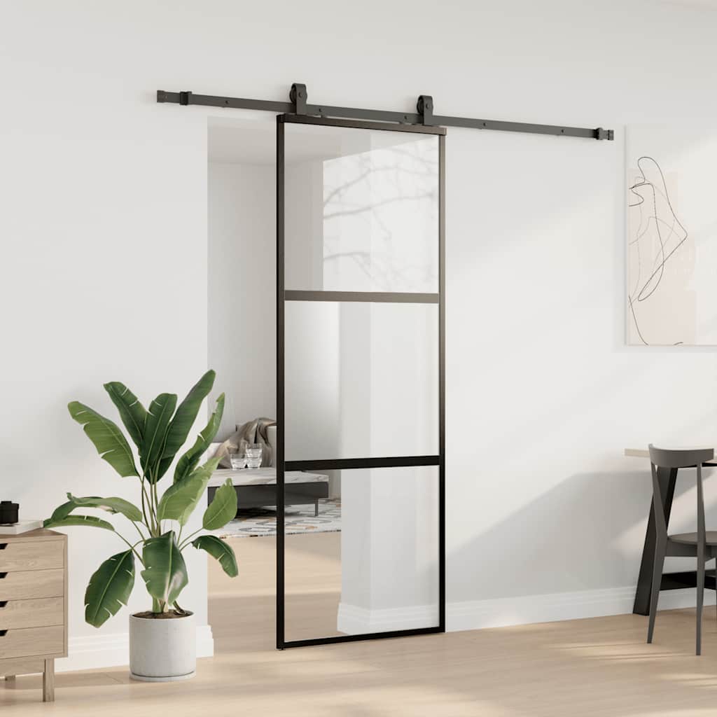 Sliding Door with Hardware Set Black 76x205 cm Tempered Glass