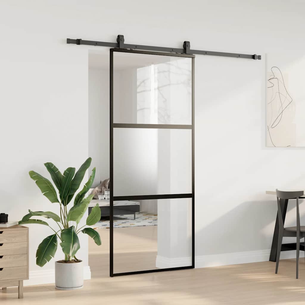 Sliding Door with Hardware Set Black 90x205 cm Tempered Glass