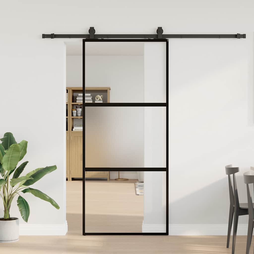 Sliding Door with Hardware Set Black 90x205 cm Tempered Glass