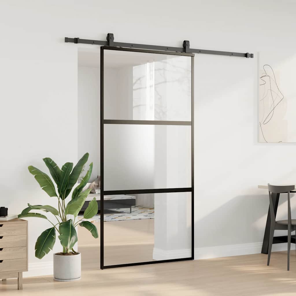 Sliding Door with Hardware Set Black 102.5x205 cm Tempered Glass