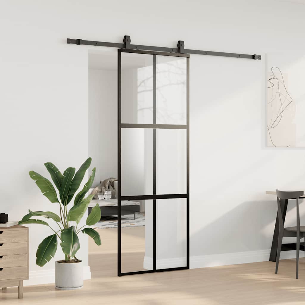 Sliding Door with Hardware Set Black 76x205 cm Tempered Glass