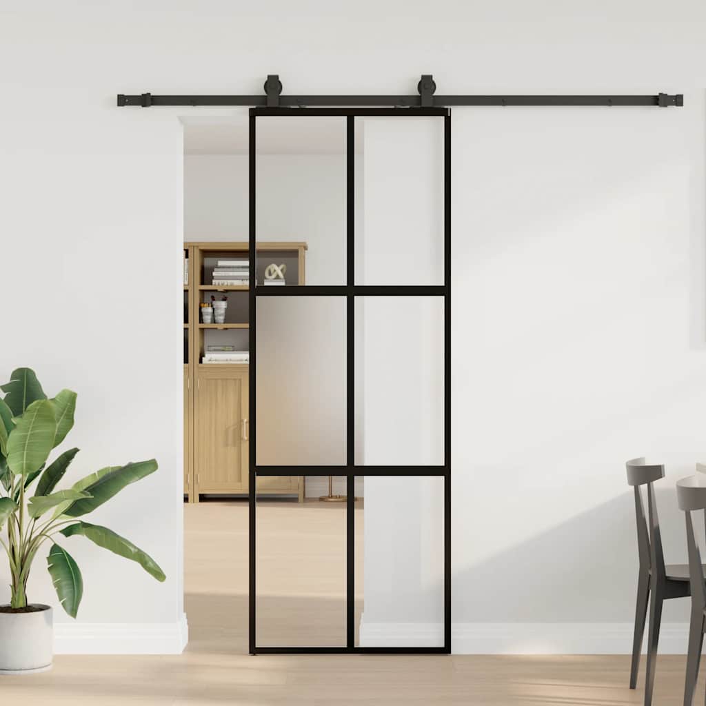 Sliding Door with Hardware Set Black 76x205 cm Tempered Glass