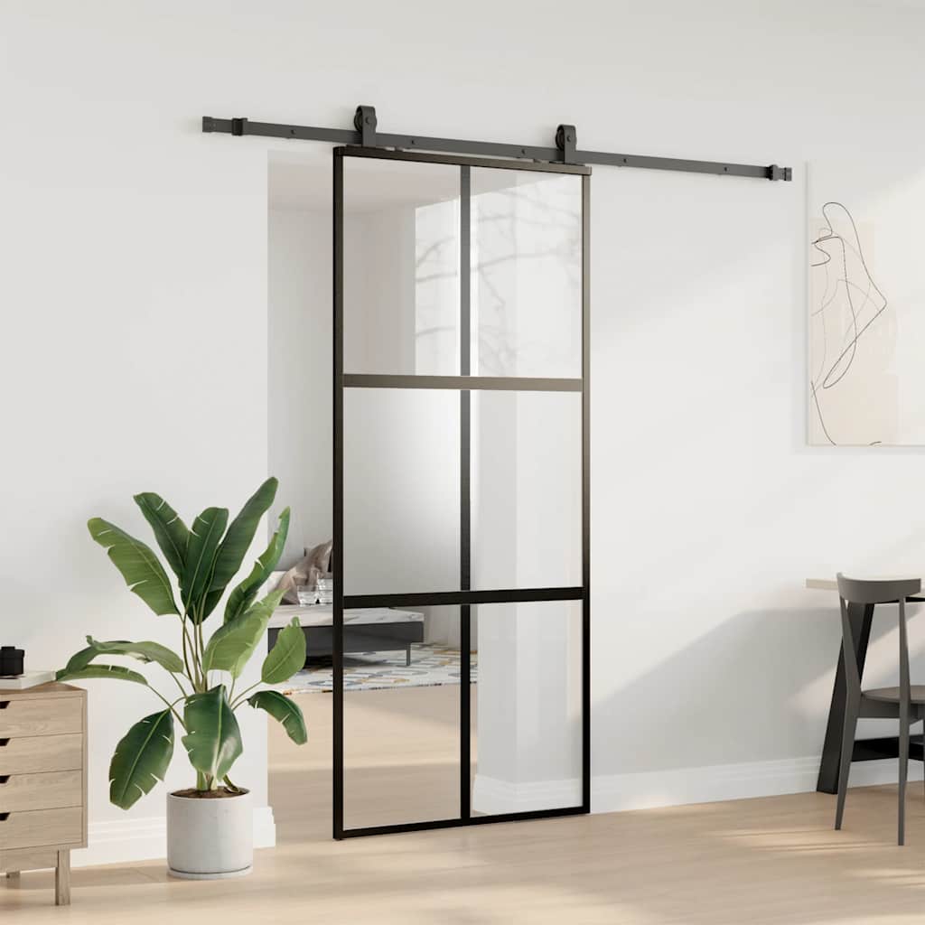 Sliding Door with Hardware Set Black 90x205 cm Tempered Glass