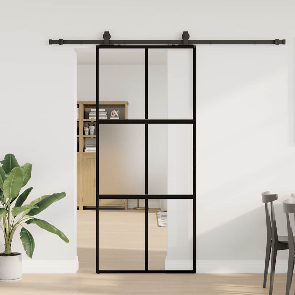 Sliding Door with Hardware Set Black 90x205 cm Tempered Glass