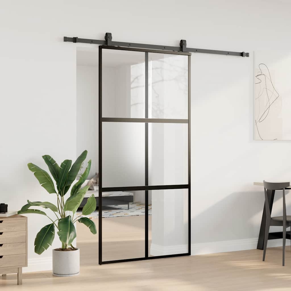 Sliding Door with Hardware Set Black 102.5x205 cm Tempered Glass