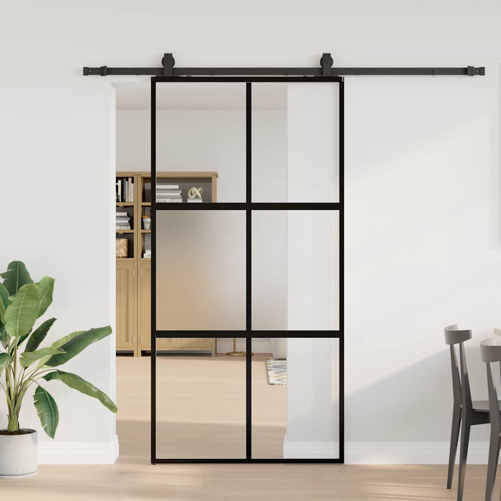 Sliding Door with Hardware Set Black 102.5x205 cm Tempered Glass