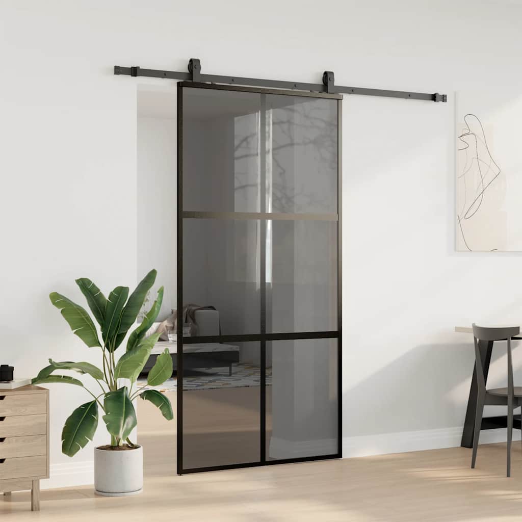 Sliding Door with Hardware Set Black 102.5x205 cm Tempered Glass
