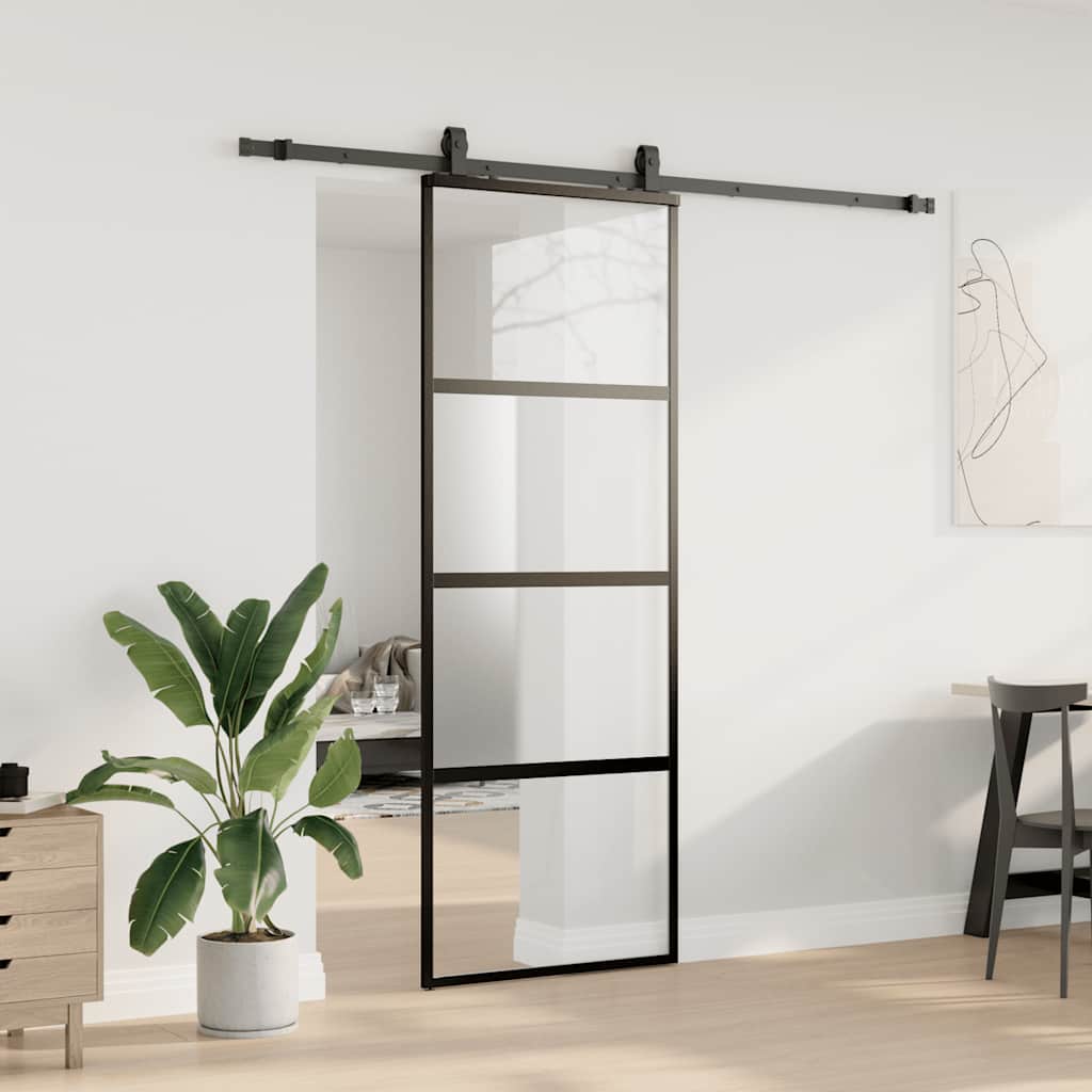 Sliding Door with Hardware Set Black 76x205 cm Tempered Glass