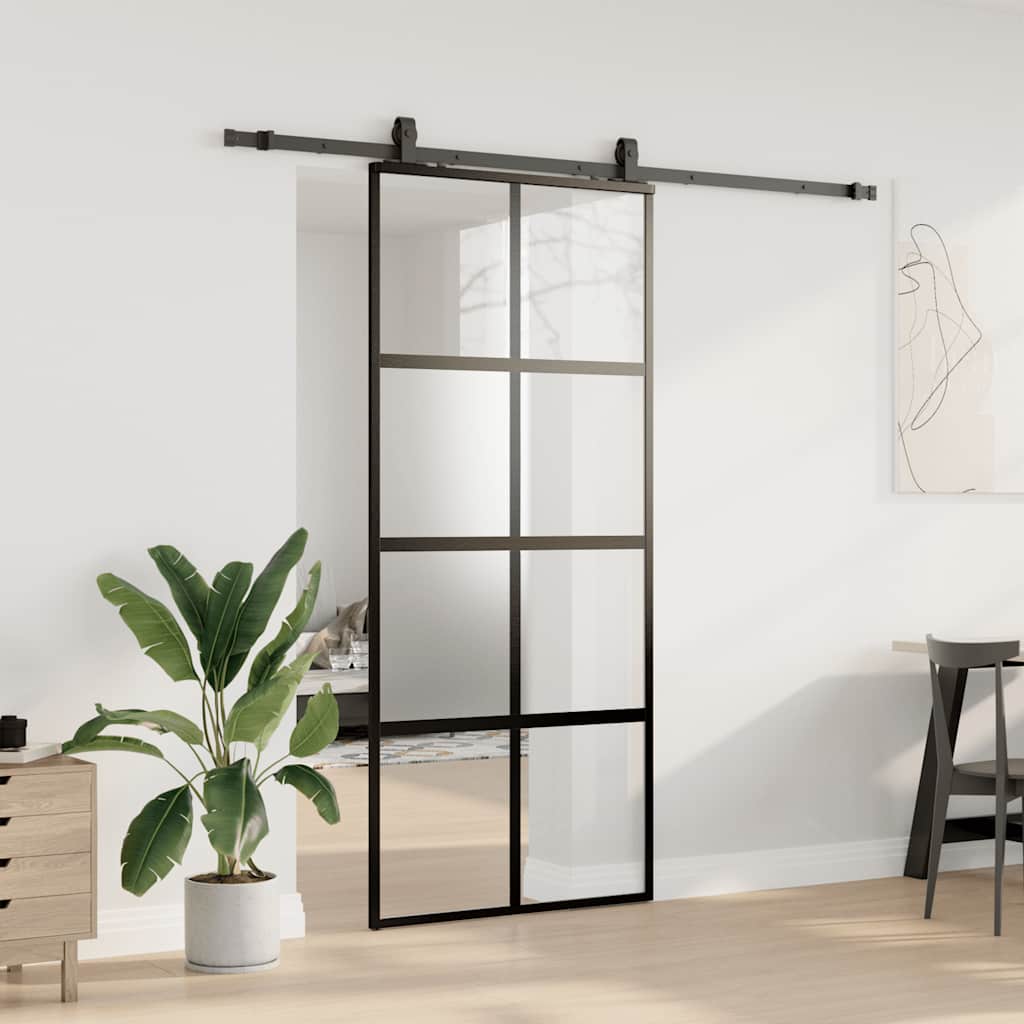 Sliding Door with Hardware Set Black 90x205 cm Tempered Glass