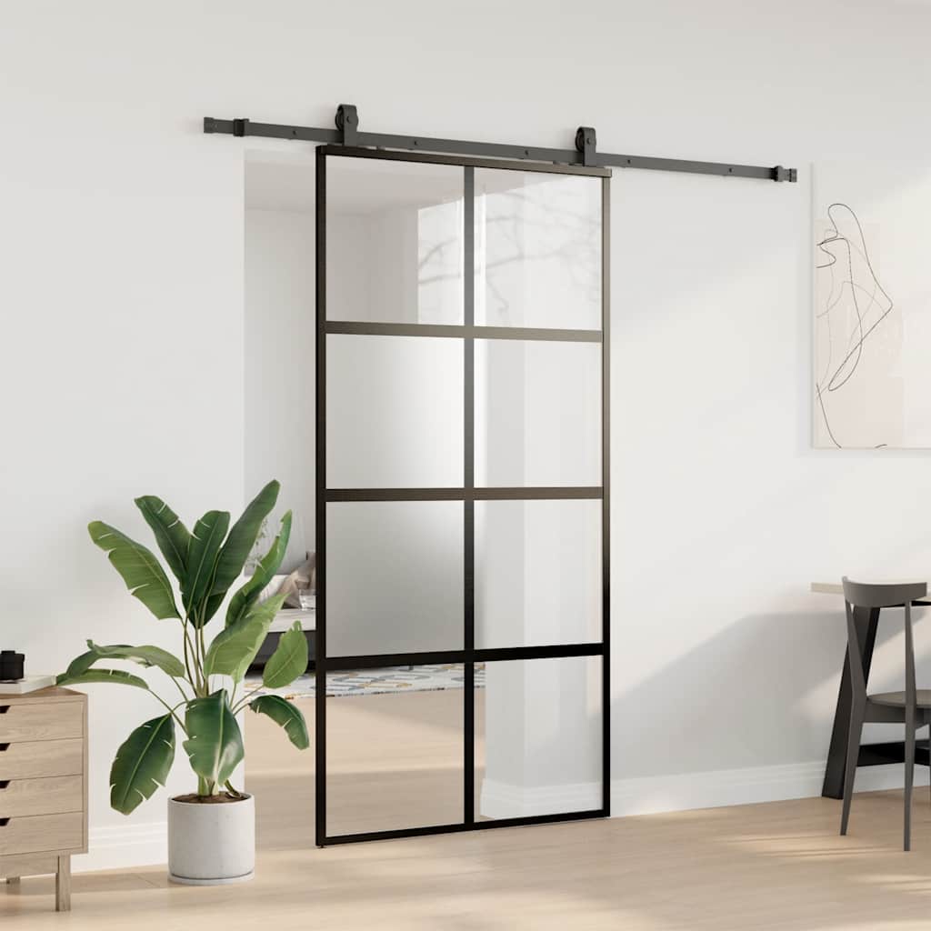 Sliding Door with Hardware Set Black 102.5x205 cm Tempered Glass
