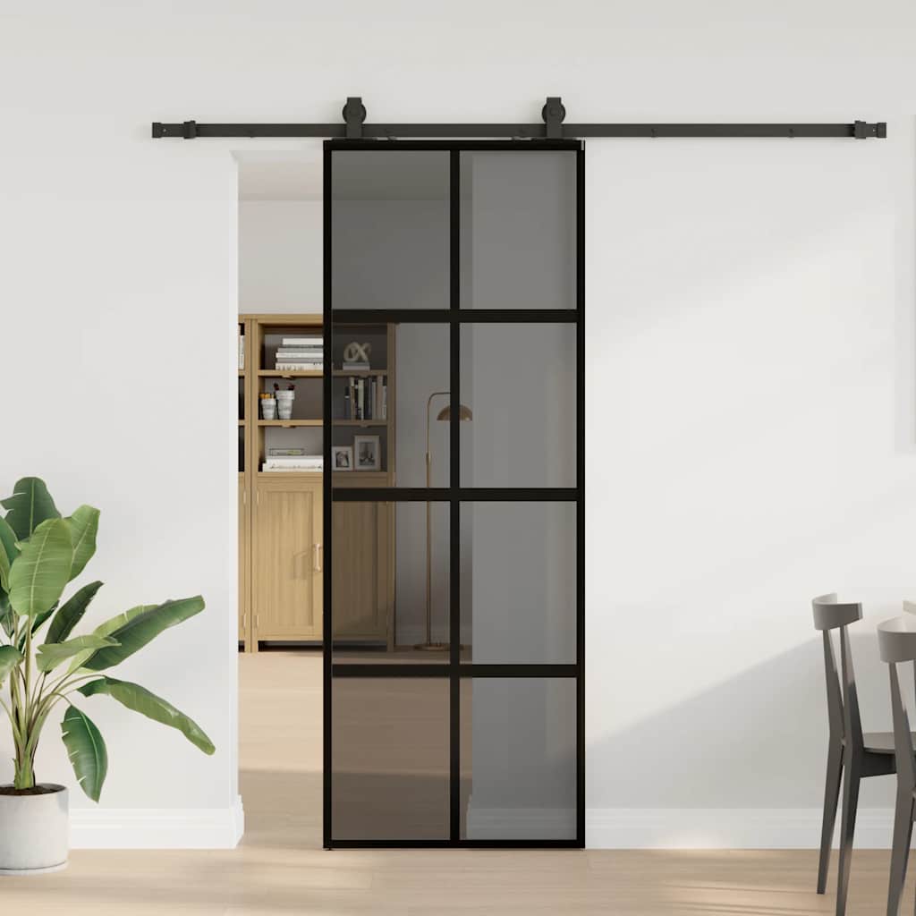 Sliding Door with Hardware Set Black 76x205 cm Tempered Glass