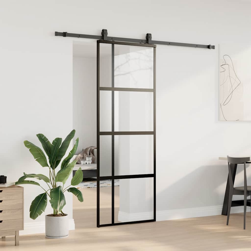 Sliding Door with Hardware Set Black 76x205 cm Tempered Glass