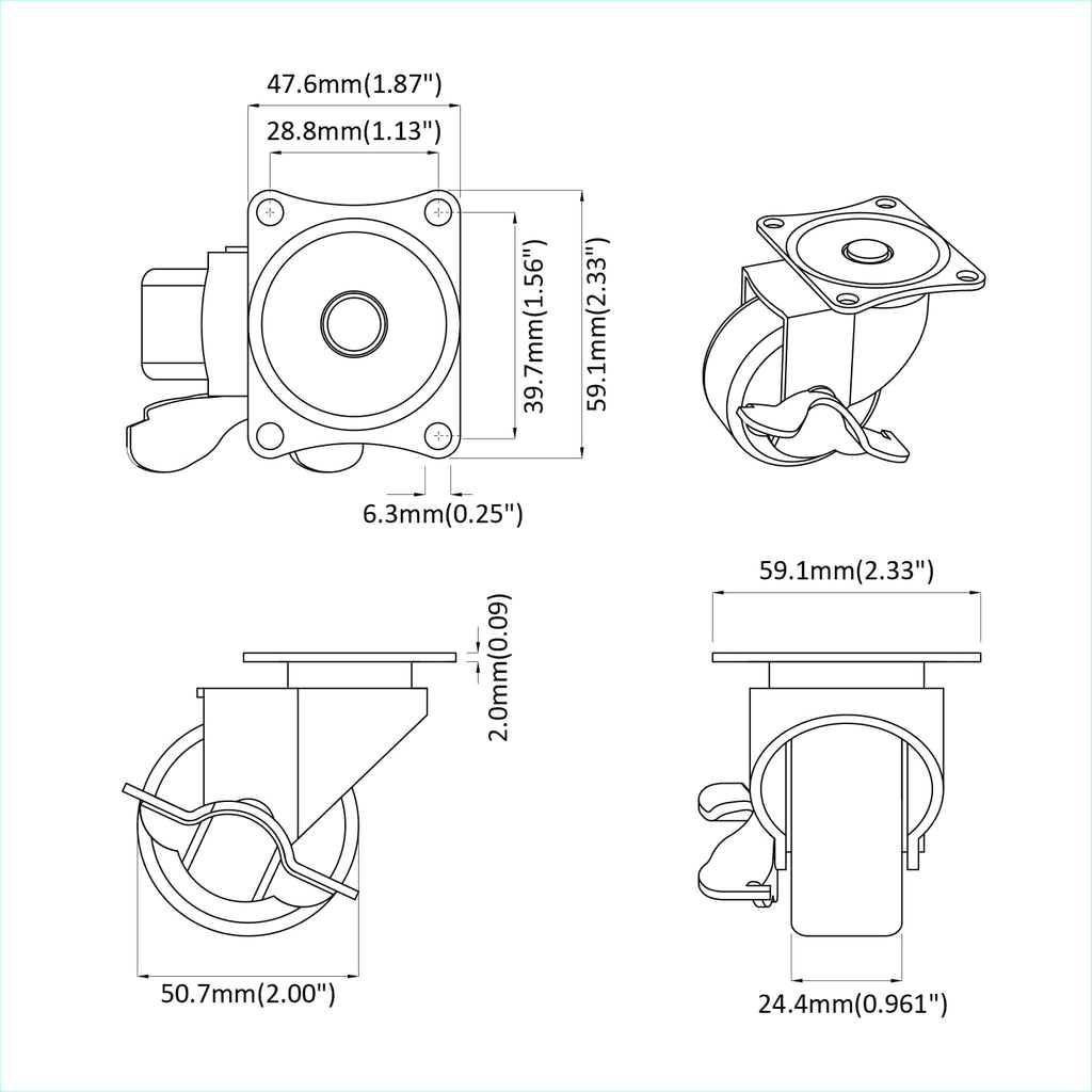 Caster 2 pcs Black and silver 63 x 48 x 46 mm Iron and nylon