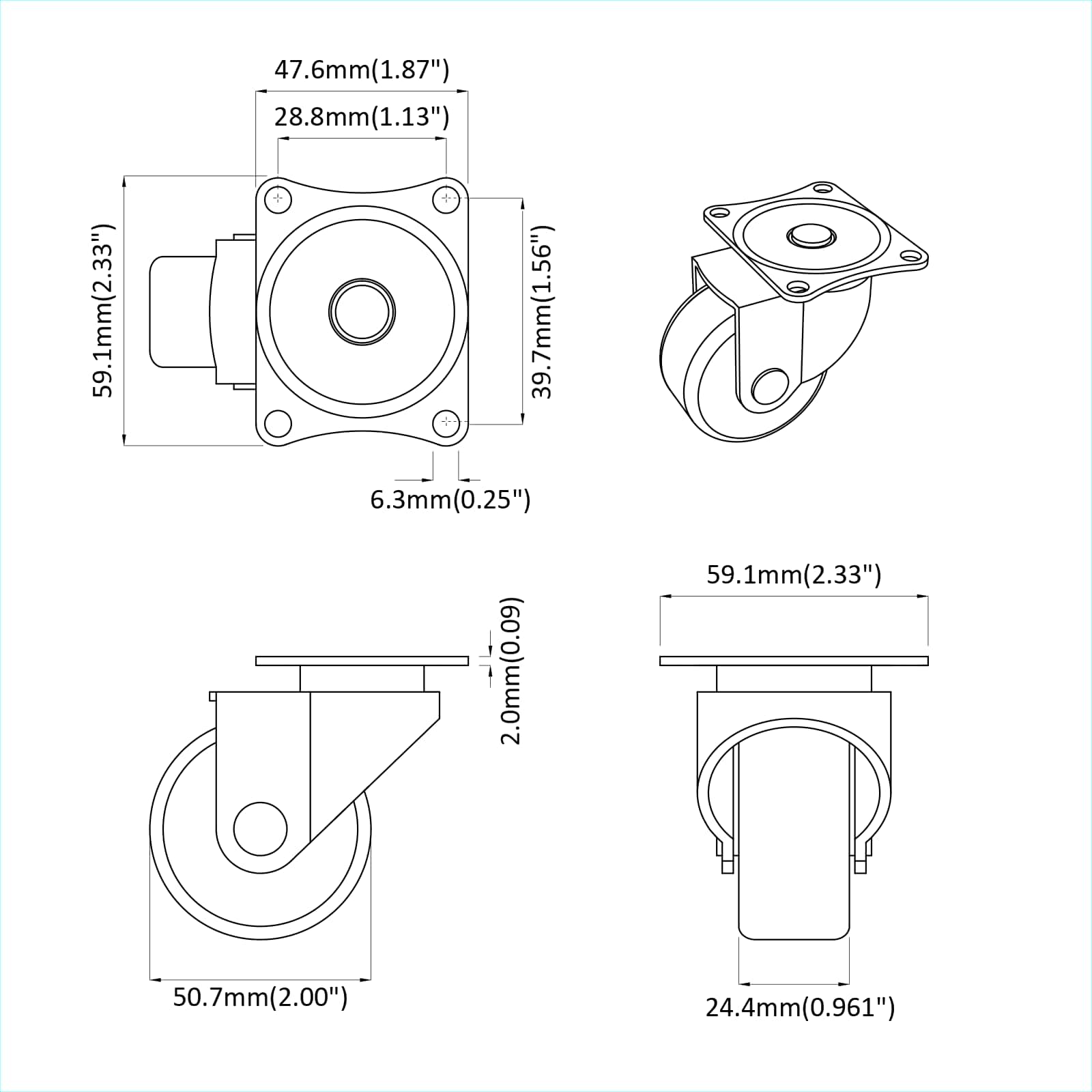 Swivel Castor 2 pcs Silver 60 x 60 x 50 mm Iron and nylon