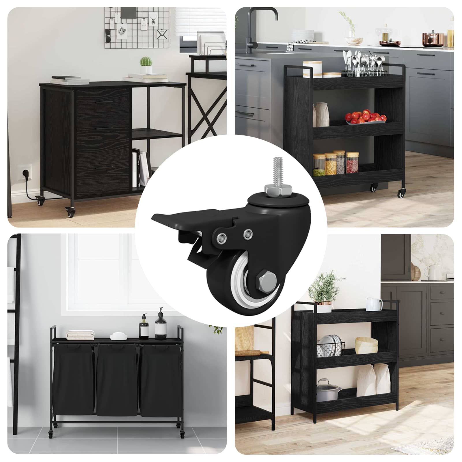 Casters 12 pcs Black M6 x 1.5 mm Iron and Nylon