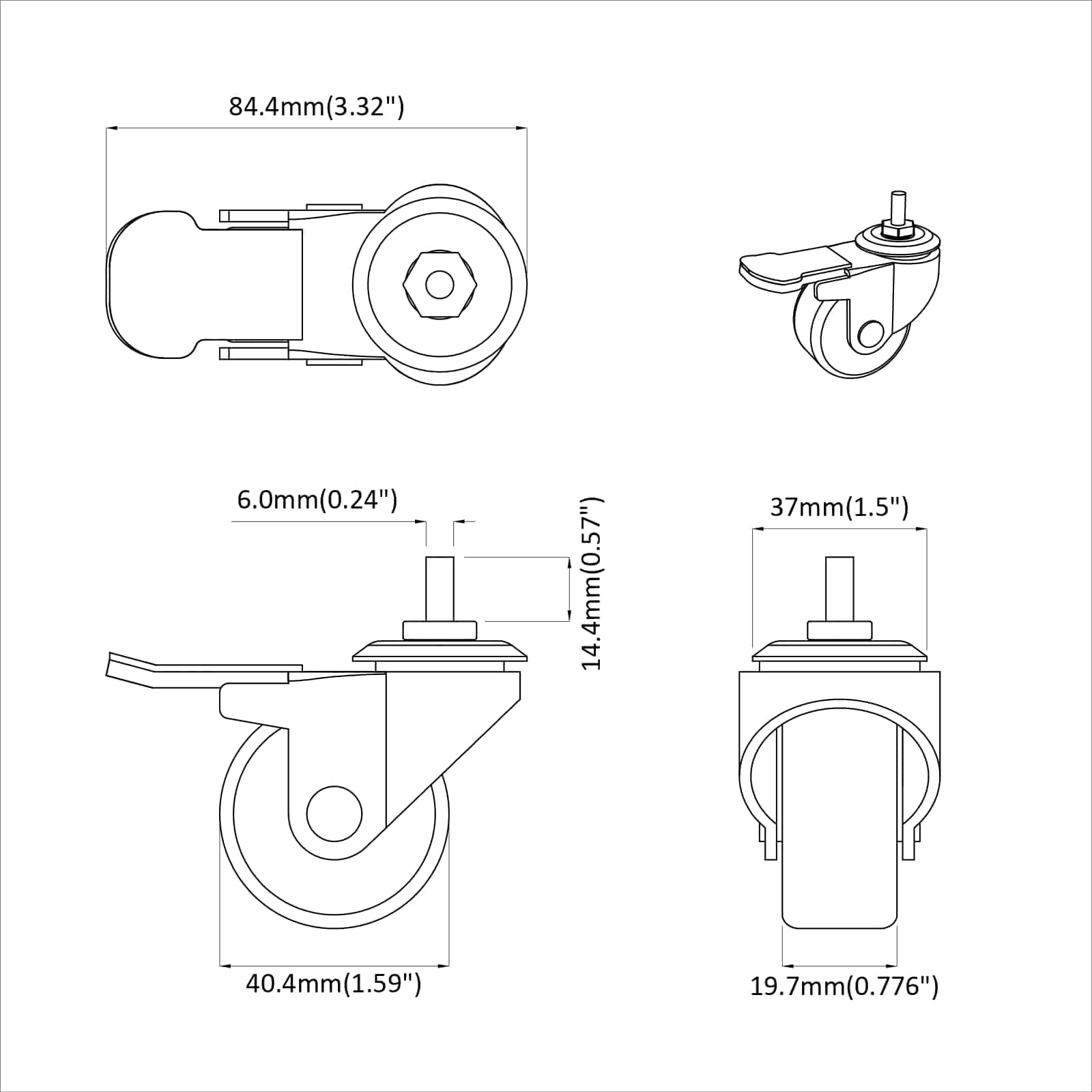 Casters 12 pcs Black M6 x 1.5 mm Iron and Nylon