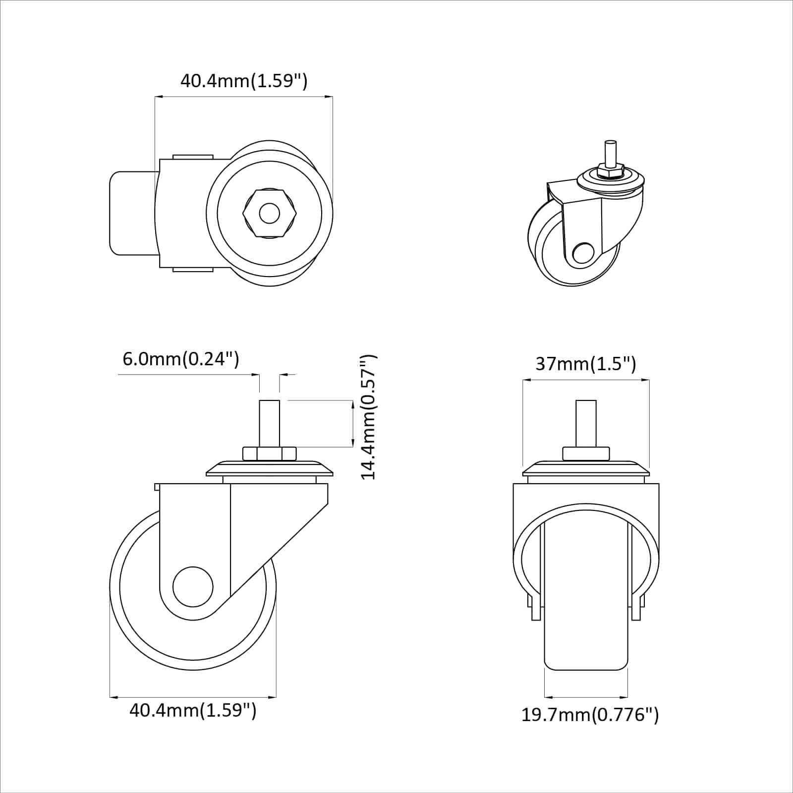 Swivel Castor 2 pcs Black M6 mm Iron and nylon