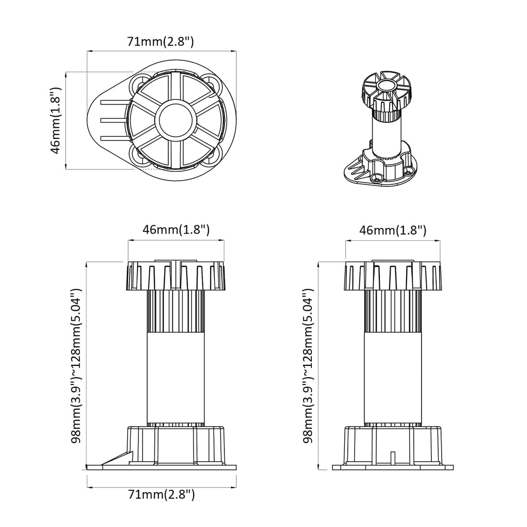 Furniture Feet Adjustable 12 pcs Black 46 x 46 x 128 mm PP