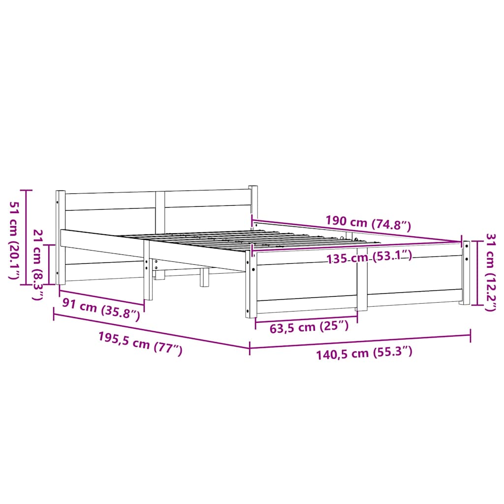 Bed Frame Wax Brown 195.5 x 140.5 x 51 cm Solid Pine Wood