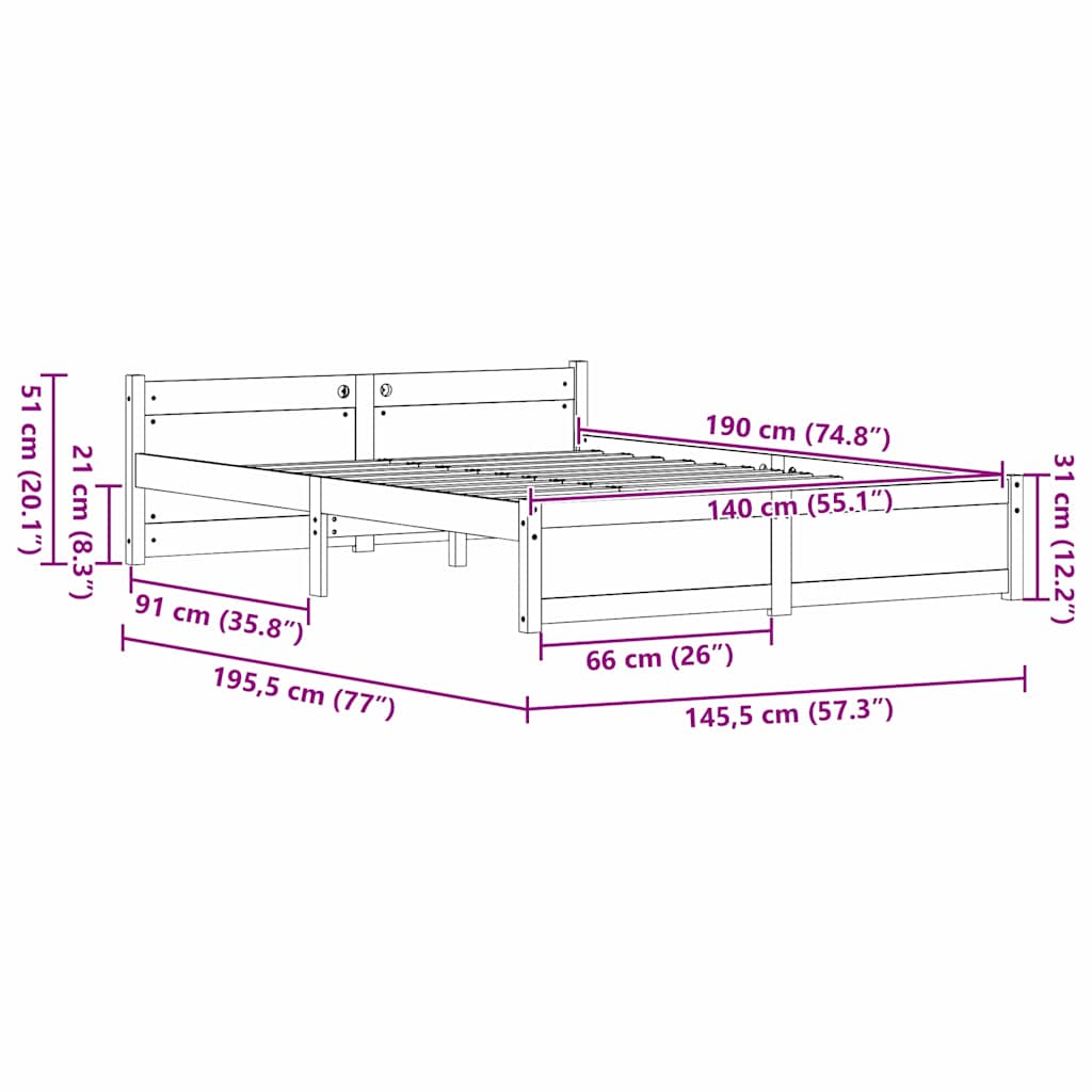 Bed Frame Wax Brown 195.5 x 145.5 x 51 cm Solid Pine Wood