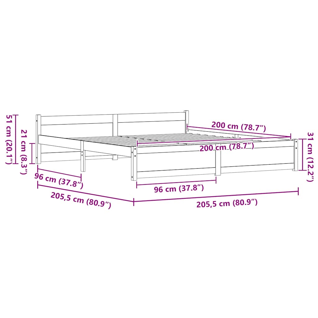 Bed Frame Wax Brown 205.5 x 205.5 x 51 cm Solid Pine Wood