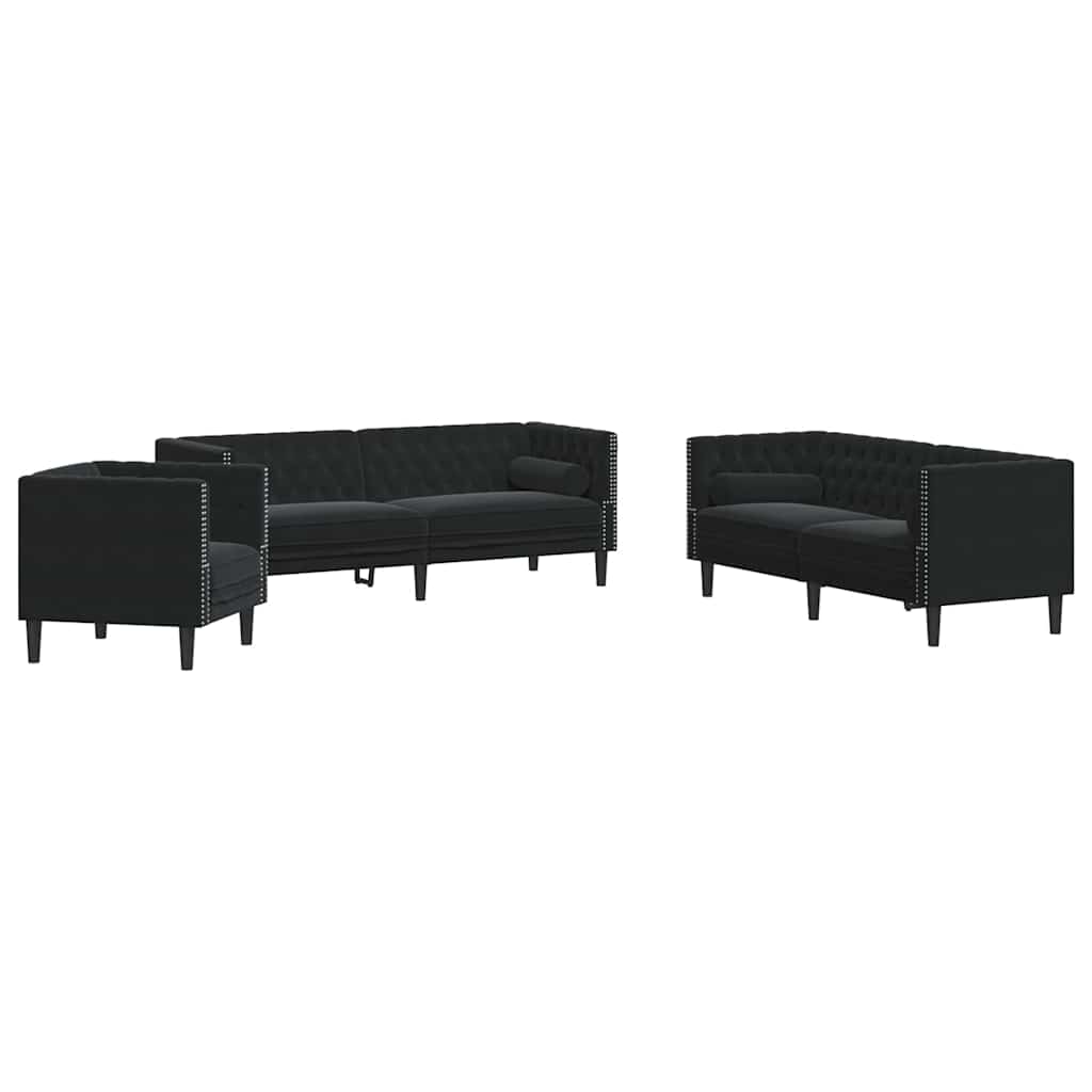 Living Room Couch 3 pcs Black 194 x 74.5 x 70.5 cm Velvet