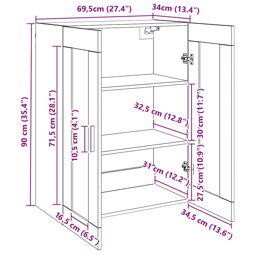 Wall Mounted Cabinet Black 69.5 x 34 x 90 cm Engineered Wood