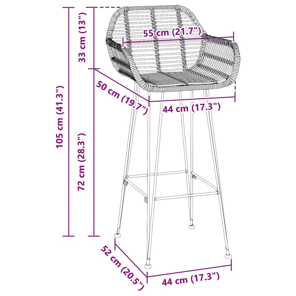 Bar Chair 2 pcs Natural 55 x 52 x 105 cm Rattan and Iron