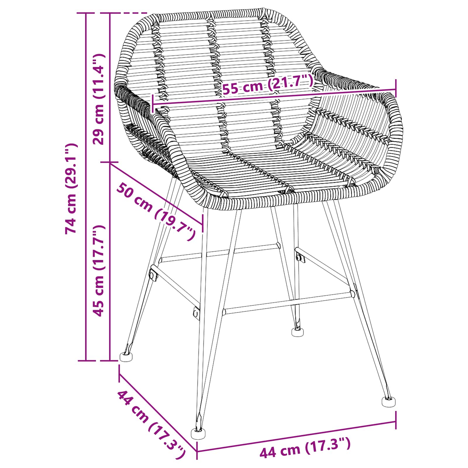 Dining Chair 2 pcs Natural 55 x 50 x 74 cm Rattan and Iron