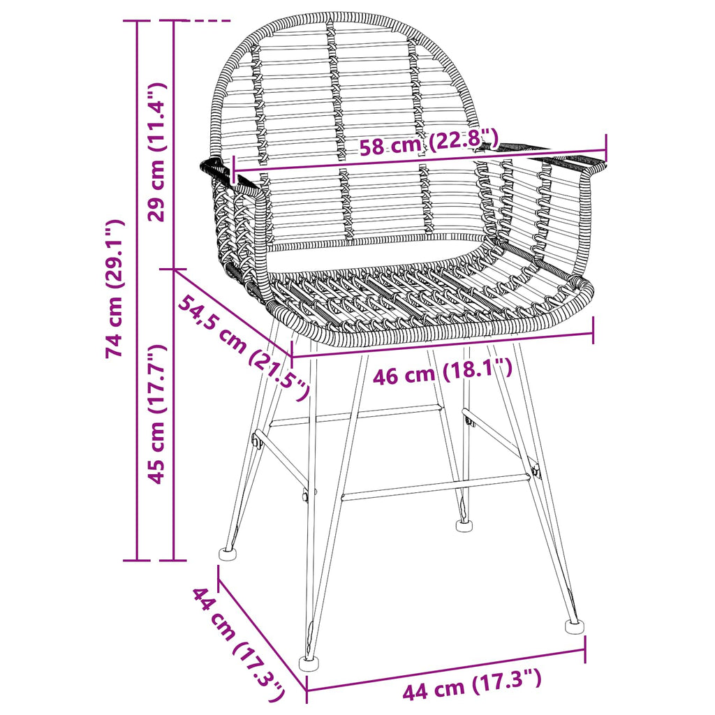 Dining Chair 2 pcs Natural 44 x 44 x 74 cm Rattan and Iron