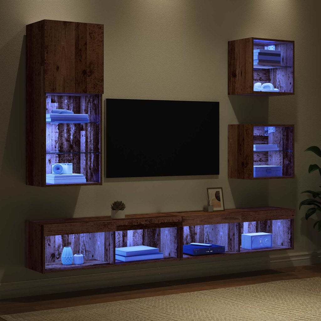 TV Wall Units with LED Wall-mounted 5 pcs Old Wood Engineered Wood