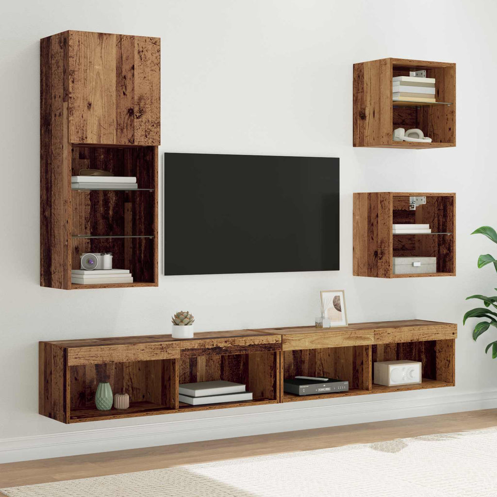 TV Wall Units with LED Wall-mounted 5 pcs Old Wood Engineered Wood