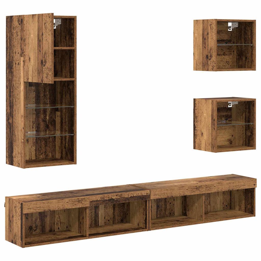 TV Wall Units with LED Wall-mounted 5 pcs Old Wood Engineered Wood
