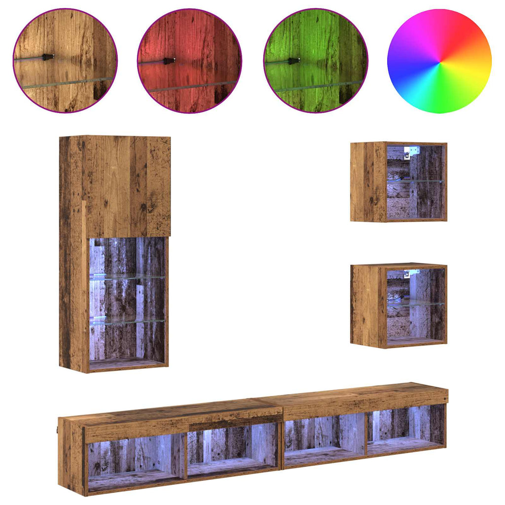 TV Wall Units with LED Wall-mounted 5 pcs Old Wood Engineered Wood