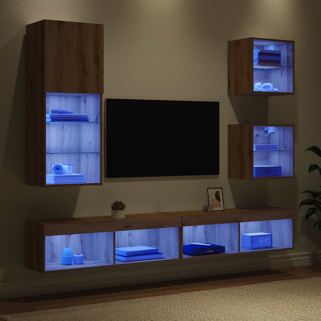 TV Wall Units with LED Wall-mounted 5 pcs Artisan Oak Engineered Wood